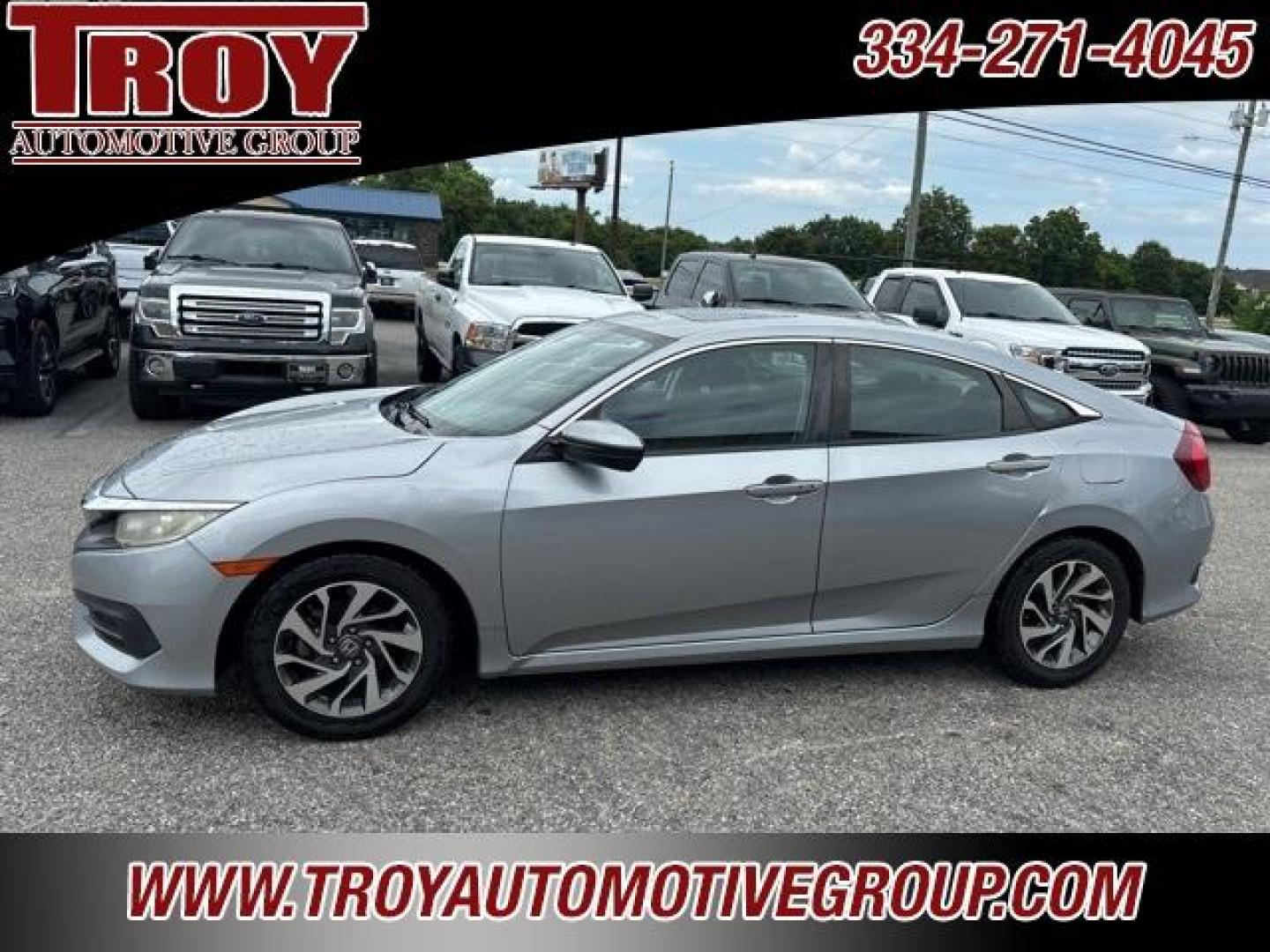 2016 Lunar Silver Metallic /Gray Honda Civic EX (19XFC2F78GE) with an 2.0L I4 DOHC 16V i-VTEC engine, CVT transmission, located at 6812 Atlanta Hwy, Montgomery, AL, 36117, (334) 271-4045, 32.382118, -86.178673 - Recent Arrival!<br>1-OWNER!!<br><br>Silver 2016 Honda Civic EX FWD 2.0L I4 DOHC 16V i-VTEC CVT<br><br>Financing Available---Top Value for Trades.<br><br>31/41 City/Highway MPG<br><br><br>Awards:<br> * 2016 IIHS Top Safety Pick+ (When equipped with honda sensing) * NACTOY 2016 North American Car o - Photo#1